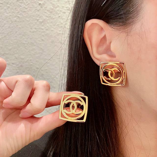Chanel Classic Double C Letter Stud Earrings
