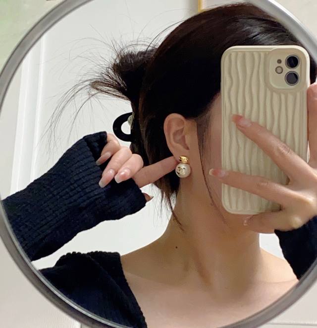 Chanel Double C Antique Gold And Spherical Snowflake Pearl Stud Earrings Superbl