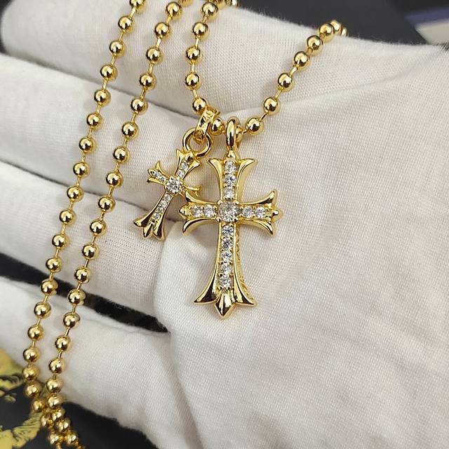 Today's Recommendation Chrome Heart Gold Double Cross Light Bead Necklace Size 6