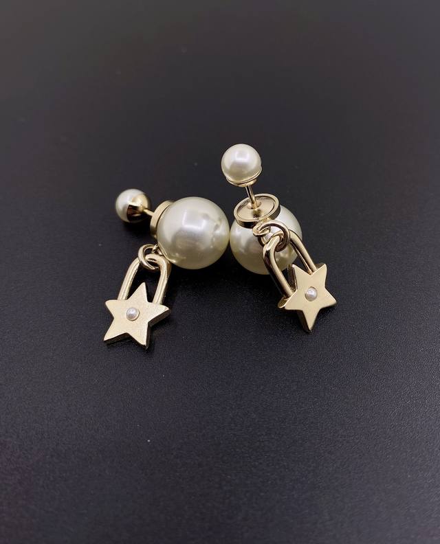 d*Or Latest Size Pearl Lock Five-Pointed Star Earrings Consistent Zp Brass Ma