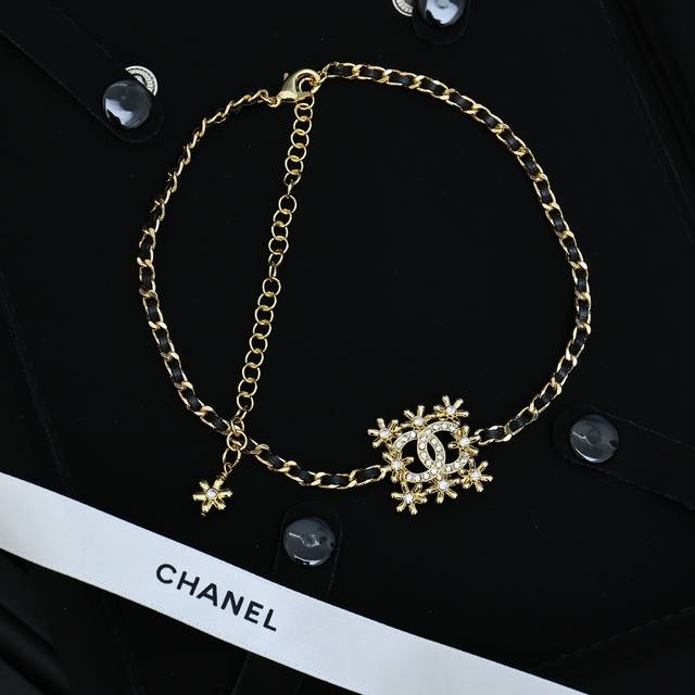 chanel Leather Necklace With Gold Square Flower Necklace Choker Classic Leath
