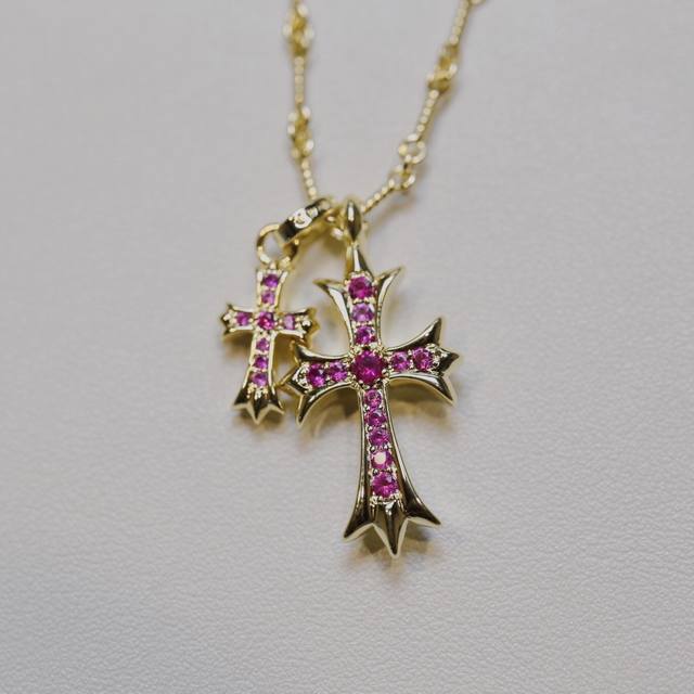 chrome Hearts 22K Gold-Plated Red Diamond Double Cross Necklace22K Gold-Plate