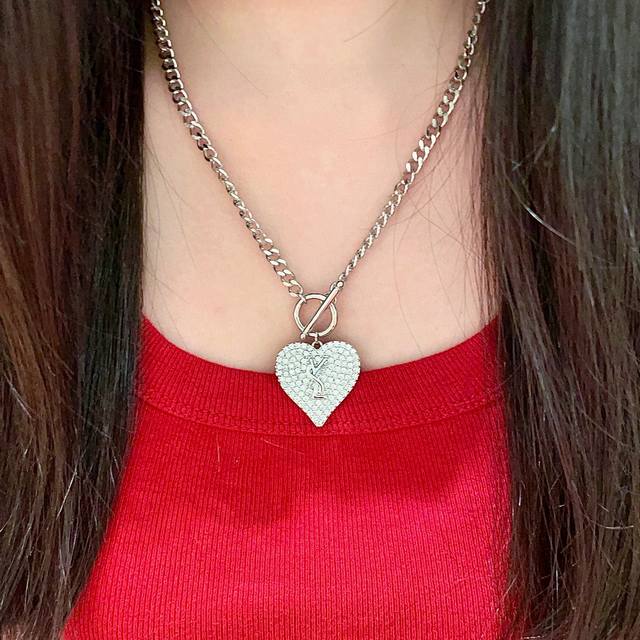 Latest Ysl Saint Laurent Heart Letter Full Diamond Necklace Original Logo Color-