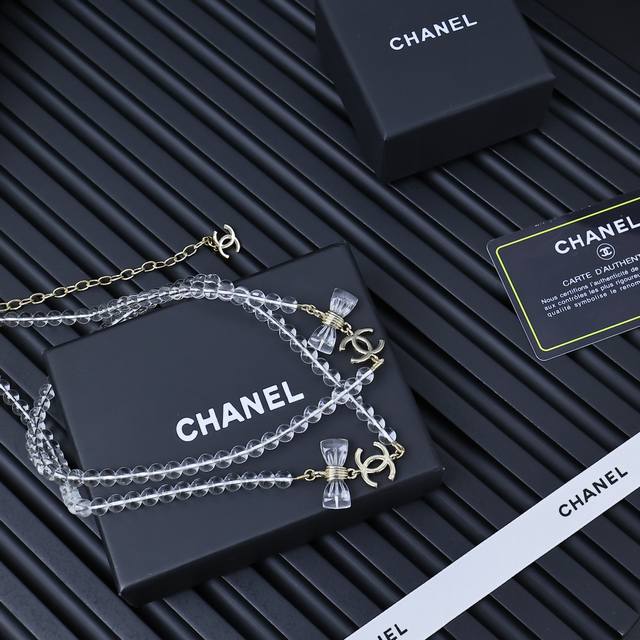 chanel25P Acrylic Transparent Double Bow Sweater Chain Full Of Agility Sweet