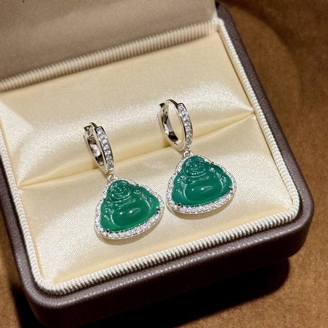 a6046 National Trend Natural Emerald Chalcedony Big Belly Buddha Buddha Earri