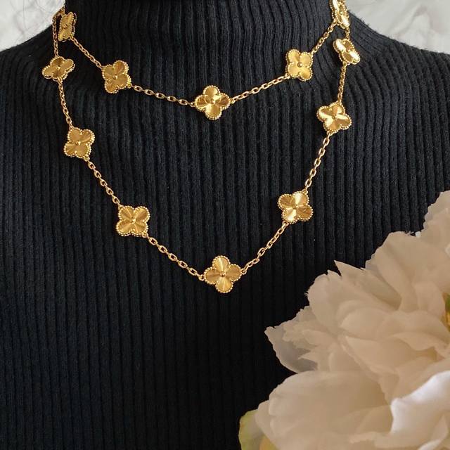 v Gold Plated Vca High-End 20-Carved Four-Leaf Clover Necklace Cleef&Arpels F