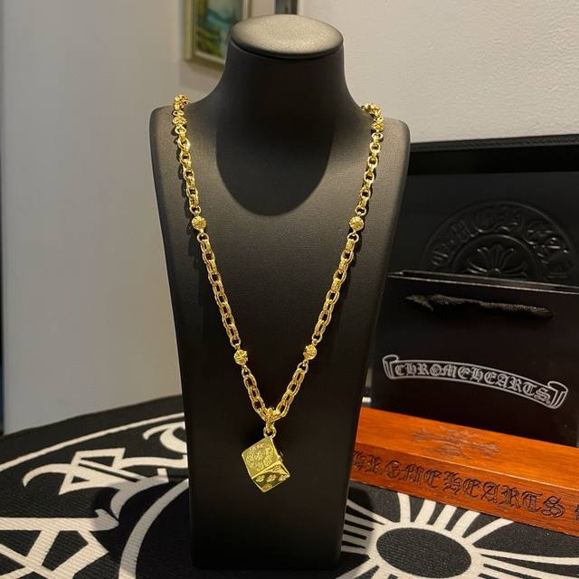 Counter Quality Chrome Hearts Classic Gold Necklace Dice Pendant With Concave An