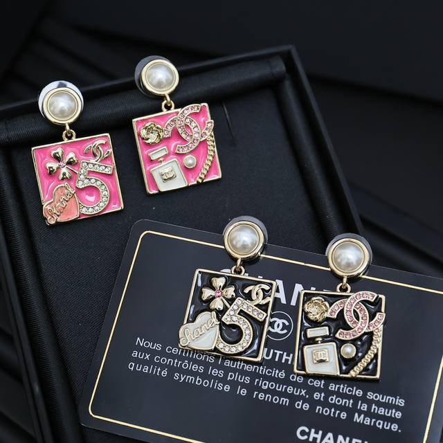 chanel Square Enamel Earrings Combine Classic Elements Double C; Camellia; No
