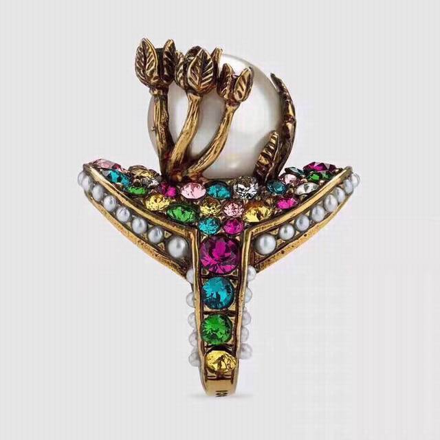 gucci Gucci's New Long-Awaited Flower Pearl Diamond Ring Retro Metal Gold-Pla