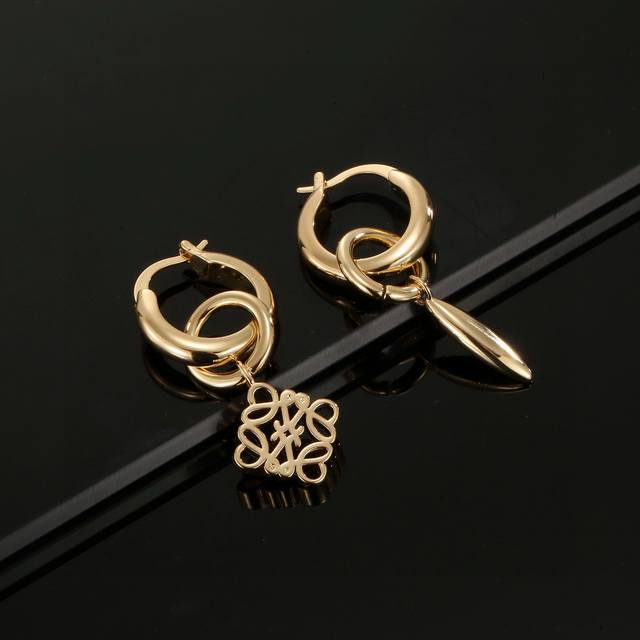 Gold Popular Loewe Asymmetrical Earrings. Its Logo Is The Most Beautiful Art. Th