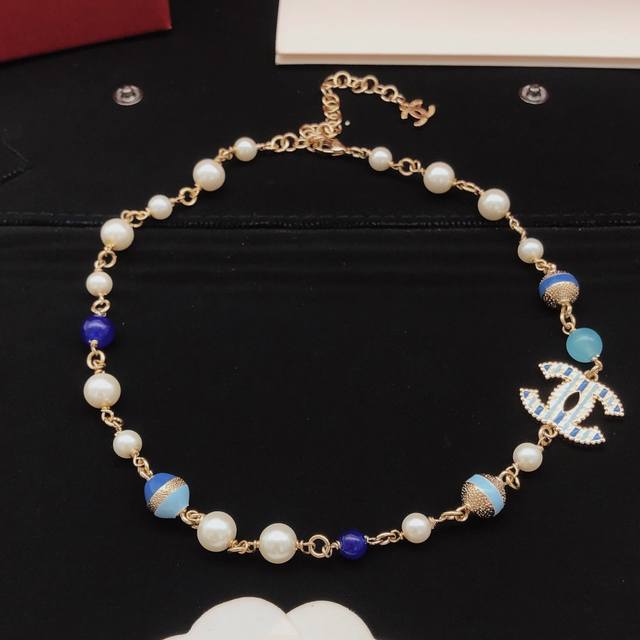 No.Xxl0319 Ch*Nel Latest Gold Chain Blue Pearl Necklace Consistent Zp Brass Mate