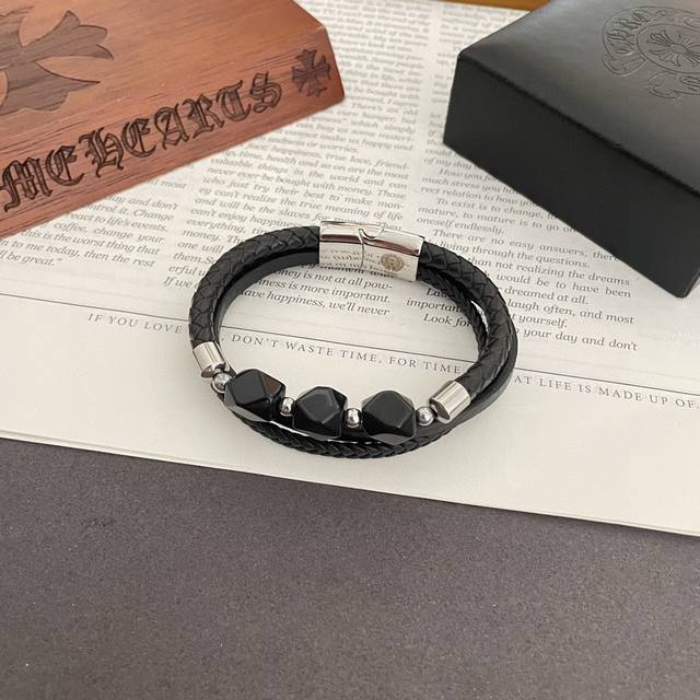 New Counter Quality Chrome Hearts Black Agate Leather Bracelet With Concave And