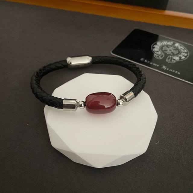 New Counter Quality Chrome Hearts Red Tiger Eye Stone Leather Bracelet With Conc