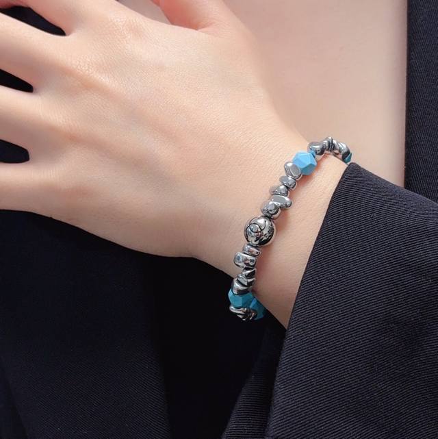 Chanel Double C High-Grade Silver Turquoise Bracelet With Natural Black Gallston