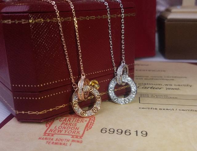 Cartier Double Ring Buckle Full Diamond Necklace, Full Diamond High Craftsmanshi