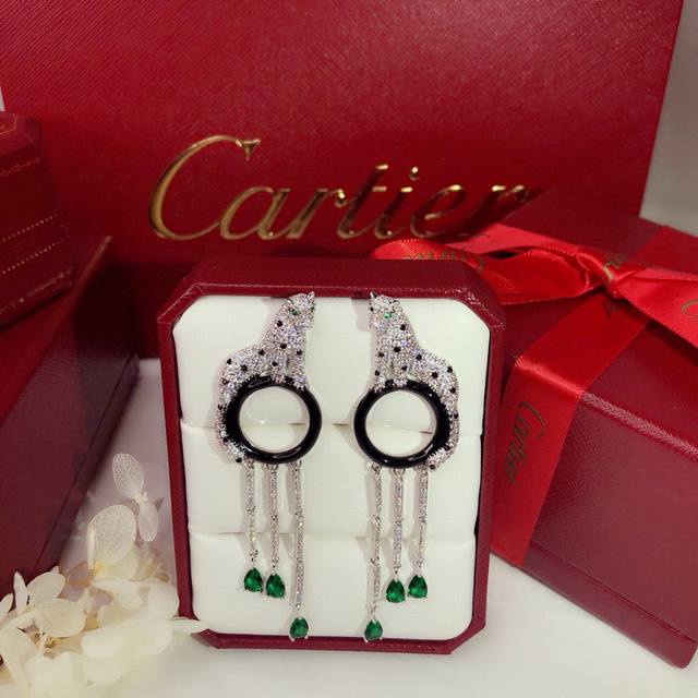 Luxury Cartier Tassel Long Leopard Paint Diamond Earrings Round Earrings Hot-Sel