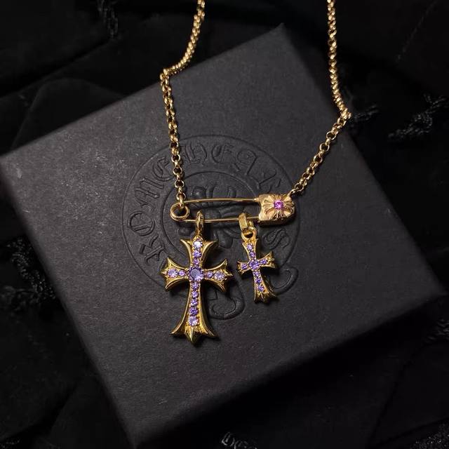 chromehearts Chromehearts 25Th New Cross Purple Diamond Gold Pin Clavicle Cha