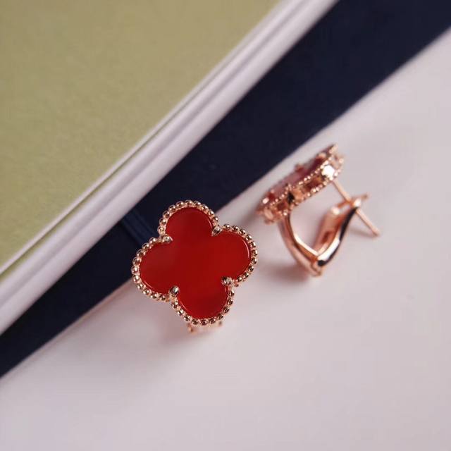 Van Cleef & Arpels Four-Leaf Clover Medium Natural Stone Single Flower Earrings,