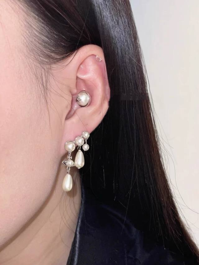 Empress Dowager Cixi Spring And Summer Three-Row Pearl Water Drop Earrings High-