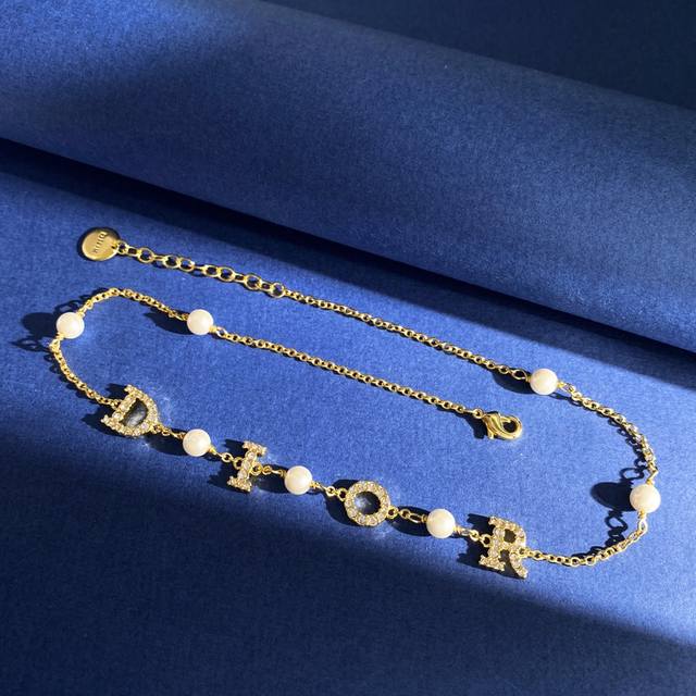 da94 Dior Korean Fashion Temperament Pearl Diamond Dior Letter Necklace Brass