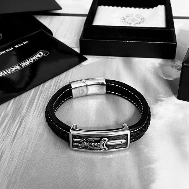 chrome He Rts Chrome Heart Sword Leather Bracelet Authentic Mold Version Engr