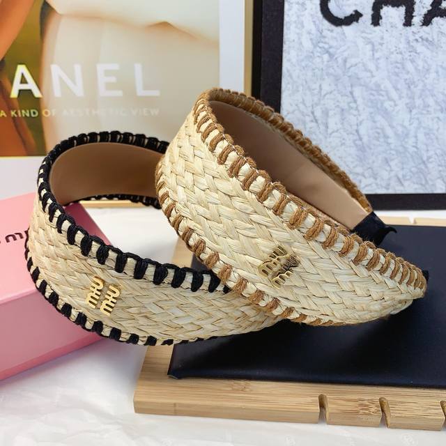 miumiu Miu Miu Miumiu Headband Woven Raffia Wide Board Logo Light Luxury Styl