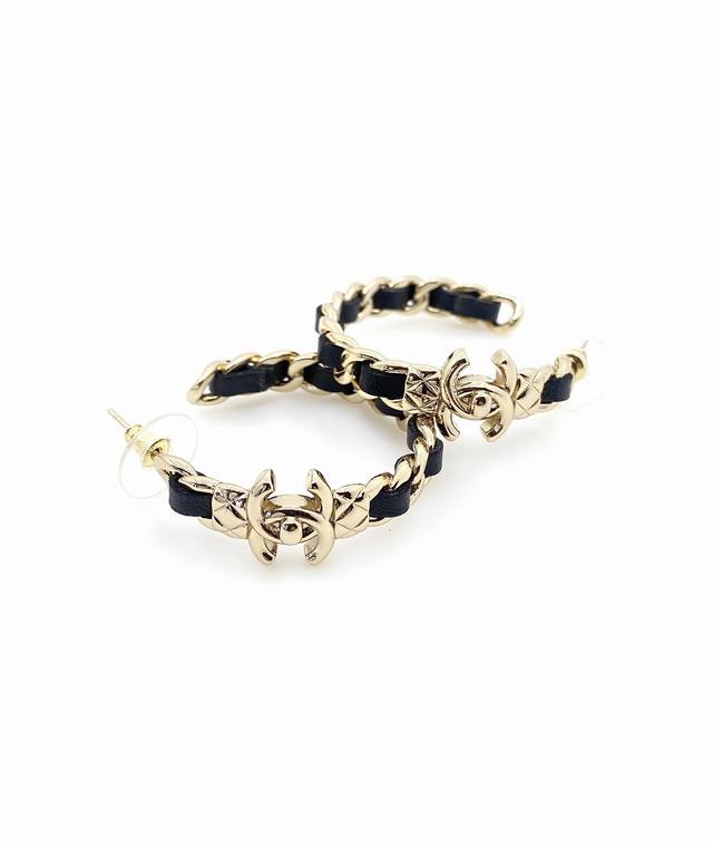 chanel New Black Leather Cc Earrings Consistent Zp Brass Material