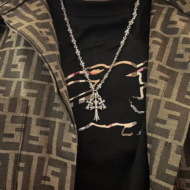 chrome Hearts Three Cross Babyfat Black Diamond Cross Flower Chain