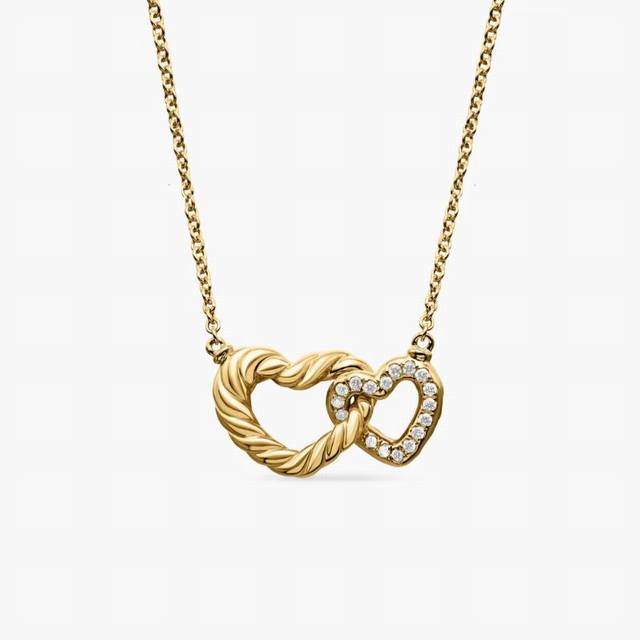 david Yurman Gold Double Heart Diamond Necklace Chain Thickness 1.5Mm Length