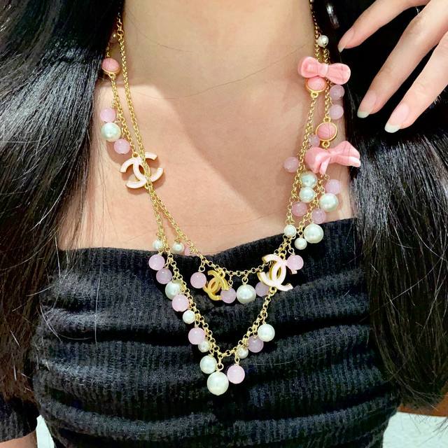 Chanel Bow Candy Color Pearl Double C Sweater Chain