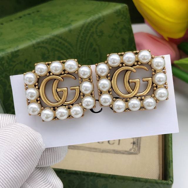 No.Ged0078 Gucci New Square Double G Pearl Earrings Retro Design Baroque Style