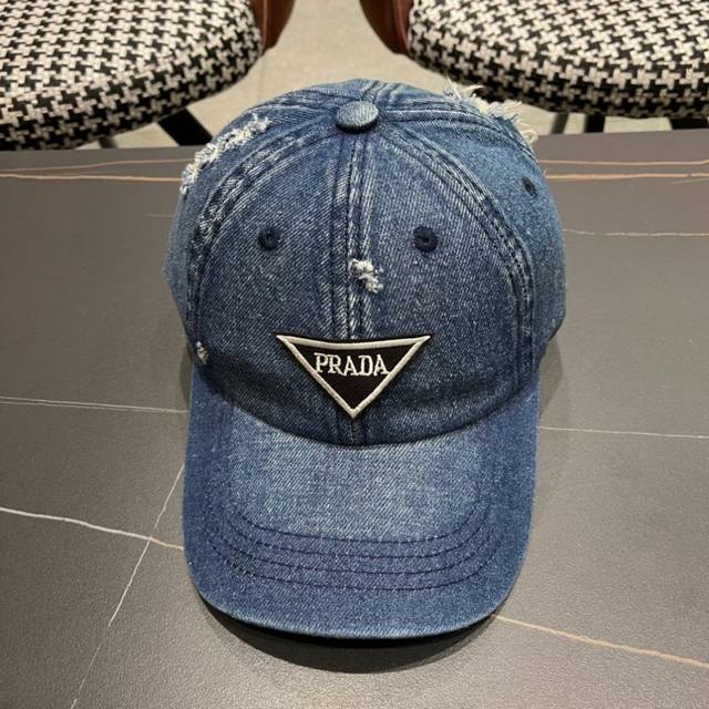 Prada New Classic Denim Hole Baseball Cap Fashionable Trend High-End Workmanship