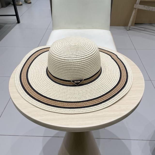 Prada 2025 New Flat Top Straw Hat Advanced Customization Stock Multi-Head Circum