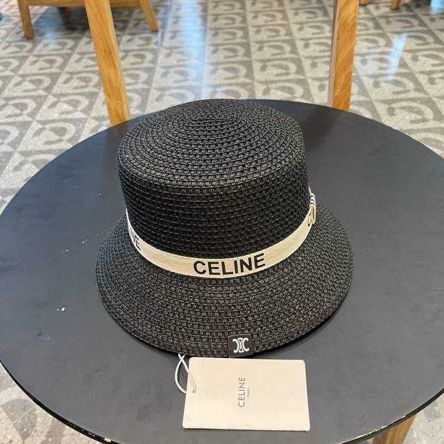 celine Celine New Flat Top Straw Hat Pure Hand-Woven Crocheted Advanced Custo