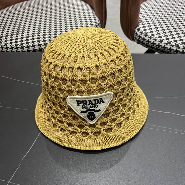 Prada Summer Fashion Knitted Bucket Hat Double-Sided Sun Protection Fisherman Ha