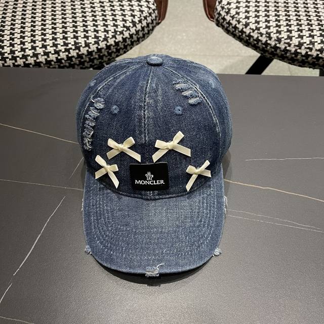 Moncler Washed Jeans Ripped Bow Baseball Cap 2025 Spring New Sunscreen Retro All