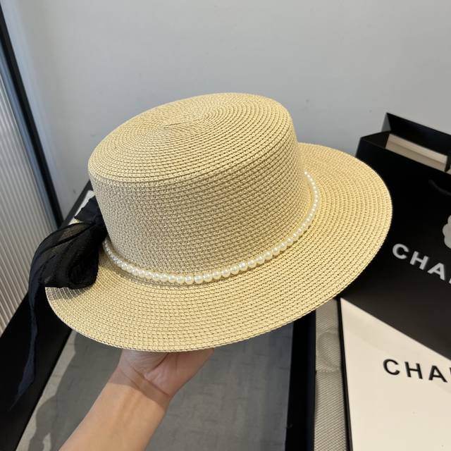 chanel Chanel Flat Top Hat Bow Sun Hat Head Circumference 57Cm