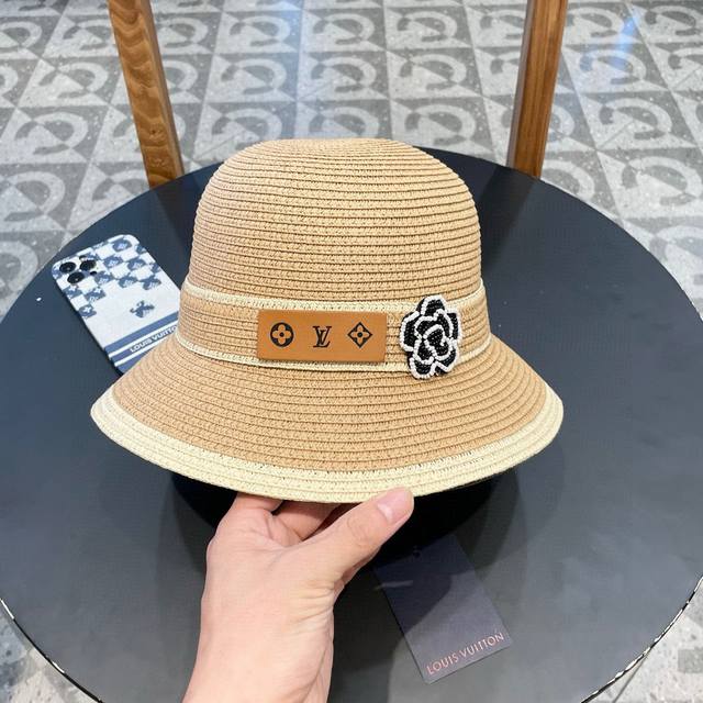 lv Louis Vuitton 2025 New Straw Bow Sunshade Round Brim Straw Hat Beach Style