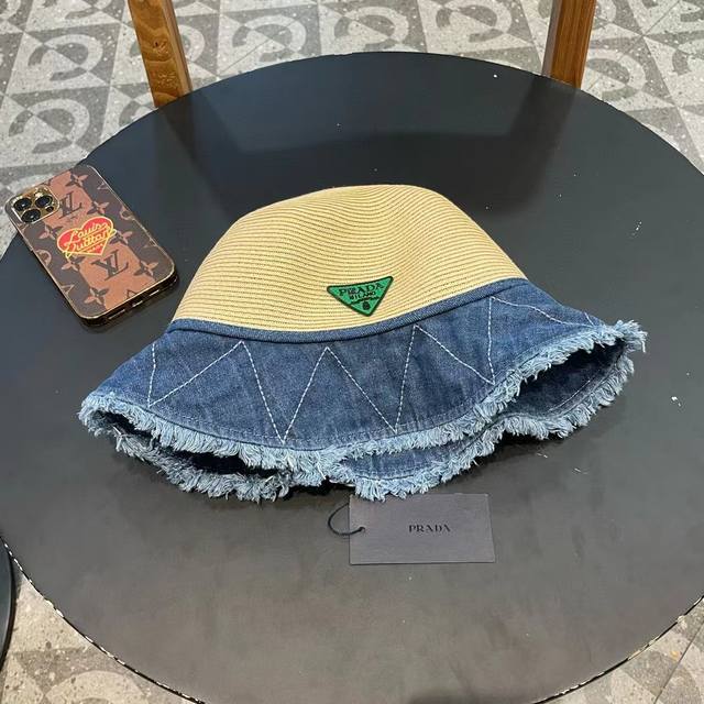 Prada Prada Beach Braided Denim Stitching Fisherman Hat Female Summer New Simple