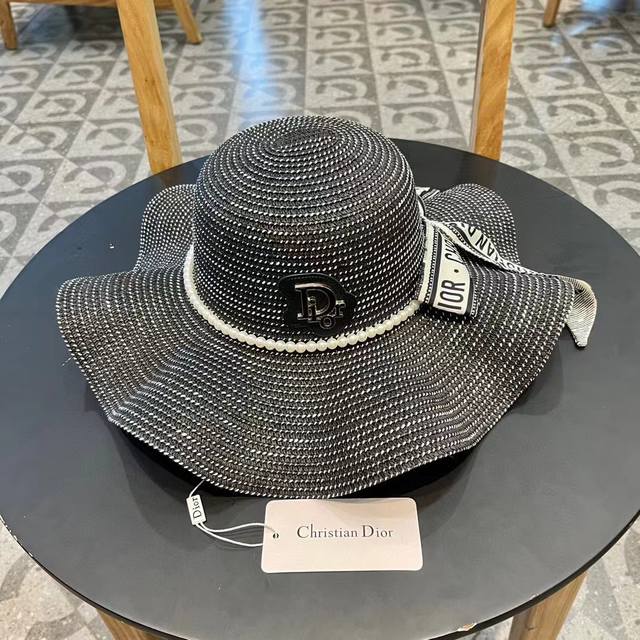 dior Dior New Summer Sun Hat Sunshade Large Straw Hat Wave Edge Design Style