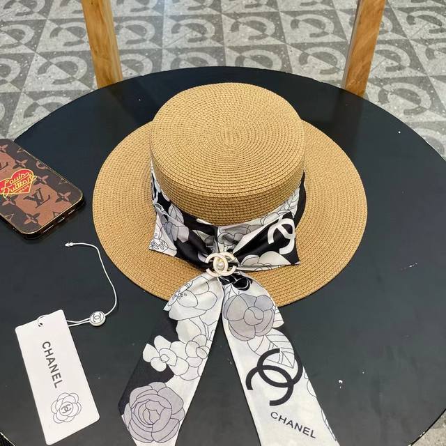 chanel Chanel Straw Hat Bow Scarf Buckle Flat Top Hat Japan Supports Producti