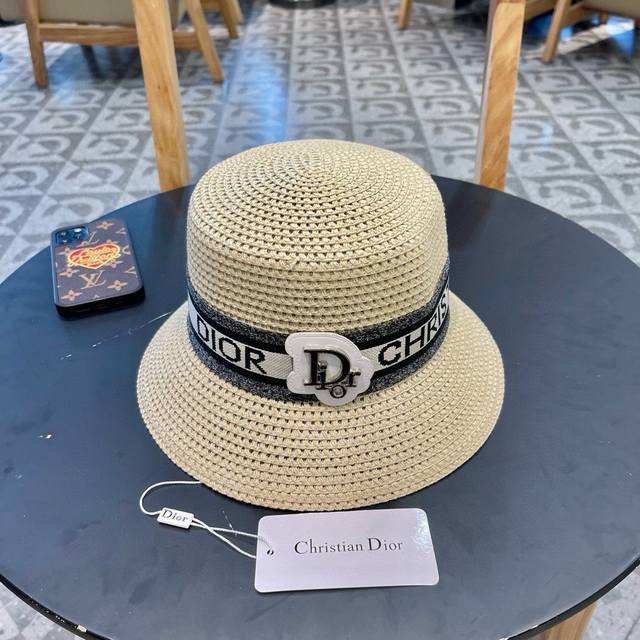 dior Dior Straw Hat 2025 New Style Flat Top Straw Hat Straw Hat With Fine Wor