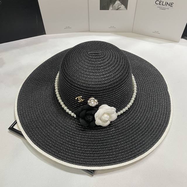 Special Price With Dust Bag Chanel 2025 New Straw Woven Pearl Beach Hat Straw Ha