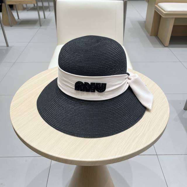 Miu Miu Miumiu Simple Bow Knot Large Brim Straw Hat For Women Summer Beach Sun P