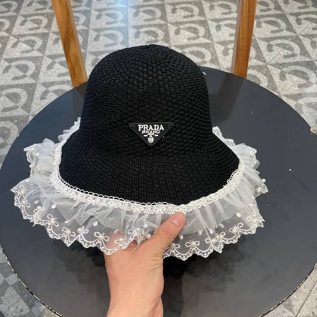 Prada Pearl Lace Straw Hat For Women In Summer With Large Brim For Traveling On