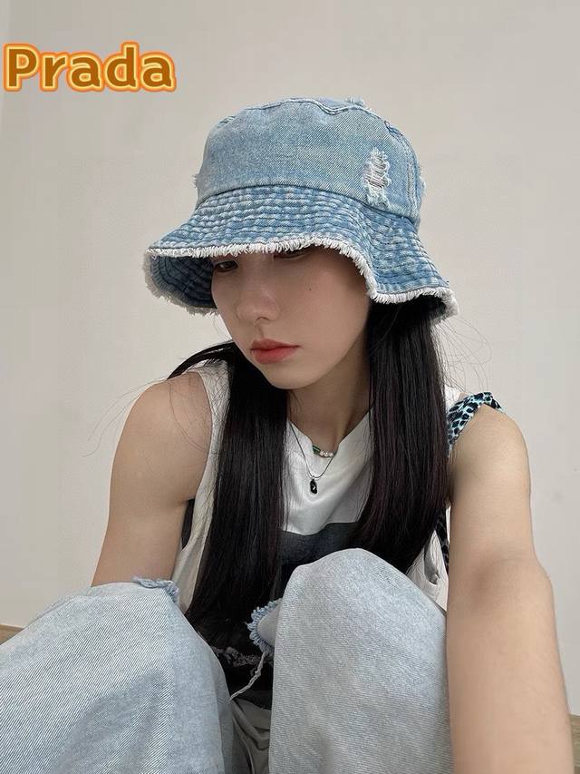 prada Prada Old Washed Denim Fisherman Hat Female Ripped Edge Design Street N
