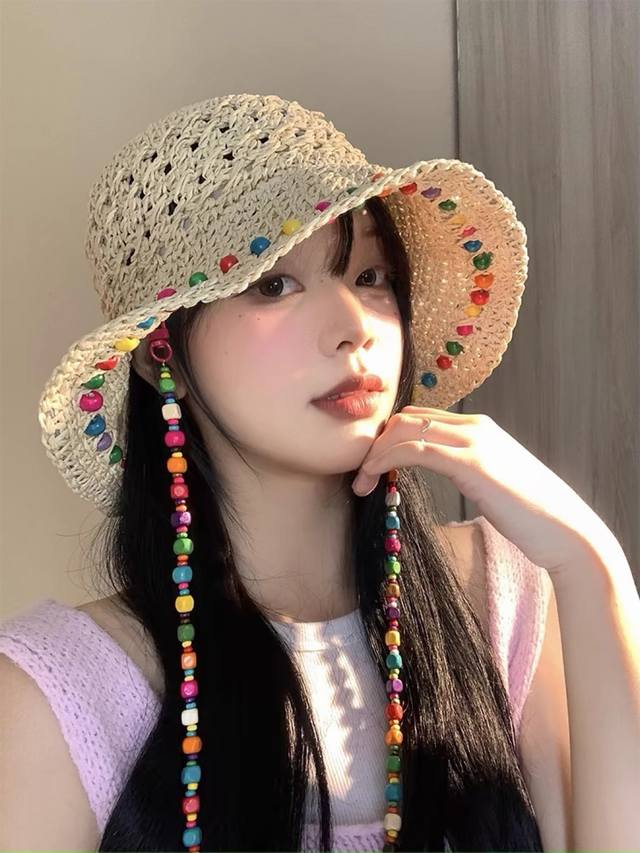 Louis Vuitton Lv Hyuna Style Colorful Wooden Bead Straw Hat For Women Summer Hol