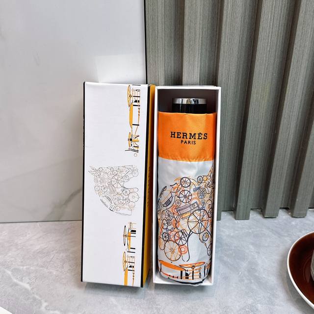 Hermes New Style Old Flower 50% Fold Hand-Opening Umbrella The Black Coating Ins