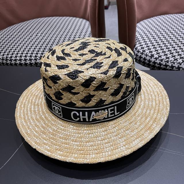 chanel Chanel Flat Top Hat Raffia Straw Hat Super Heavy Custom Head Circumfer