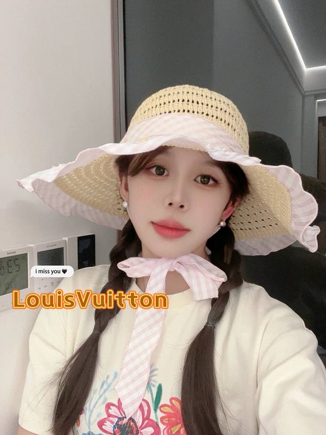 lv Louis Vuitton 2025 New Year Blue Checkered Ribbon Hollow Woven Straw Hat F